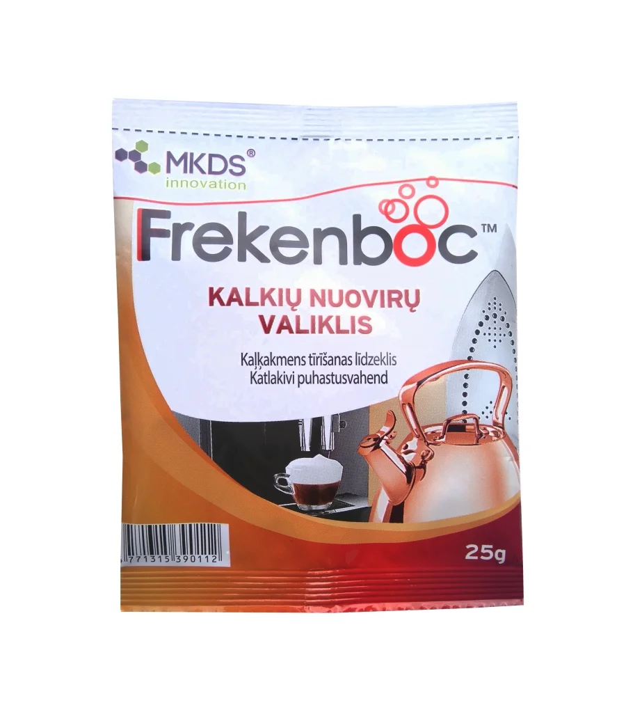 Frekenboc katlakivi puhastusvahend 25g pakend, mis eemaldab tõhusalt setted kodumasinatest.