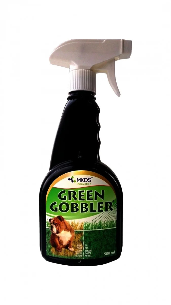Green Gobbler 500 ml sprei kollase muru taastamiseks ja uriiniplekkide eemaldamiseks.