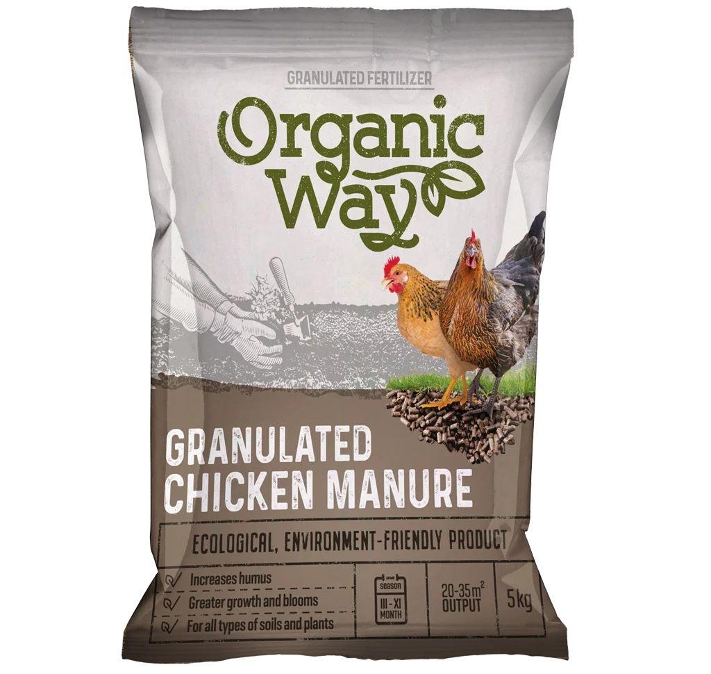 Granuleeritud kanasõnnik pakendis, orgaaniline väetis köögiviljadele ja lilledele