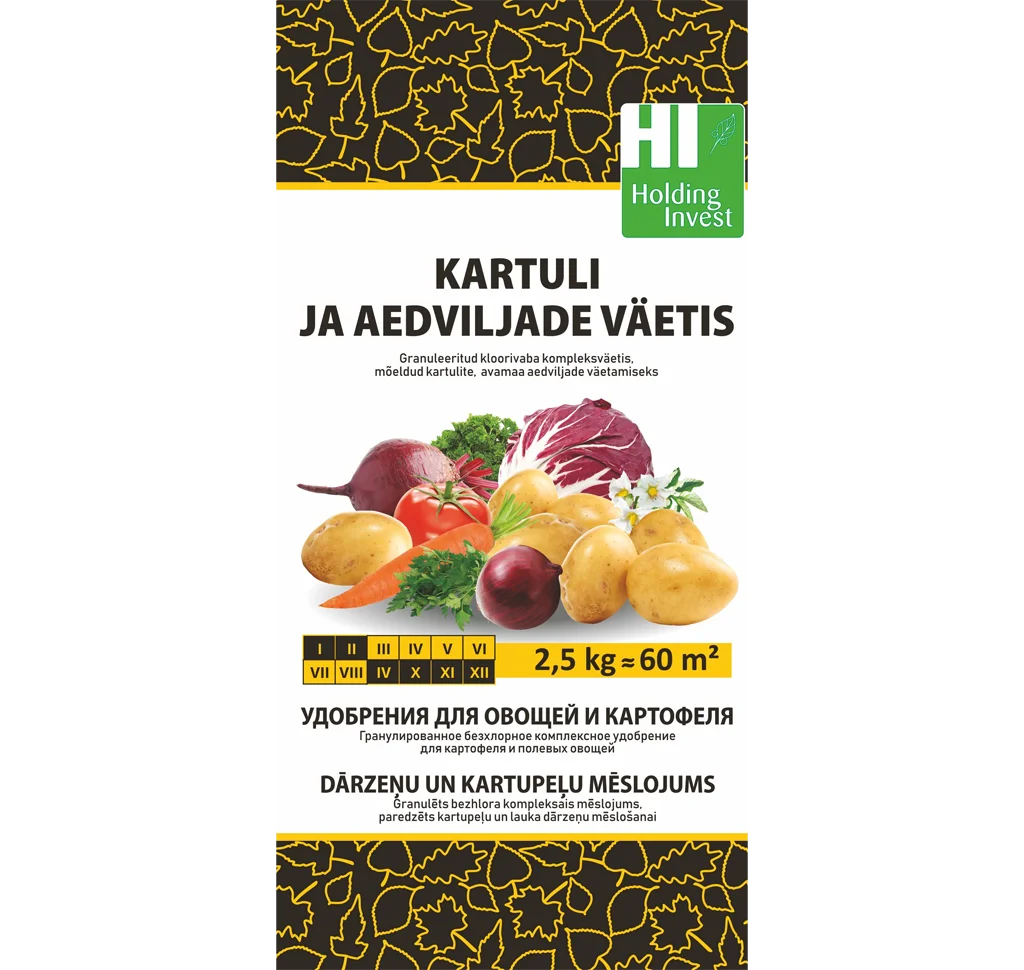 Kartuli ja aedviljade väetis 2,5 kg pakendis. Kloorivaba NPK mineraalväetis.