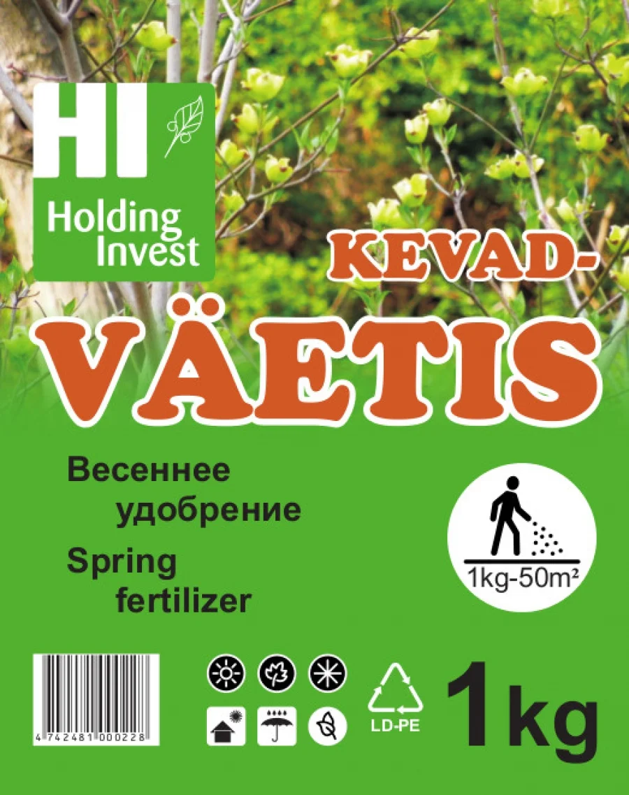 1 kg pakendis granuleeritud universaalne kevad- ja suveväetis aiataimedele.