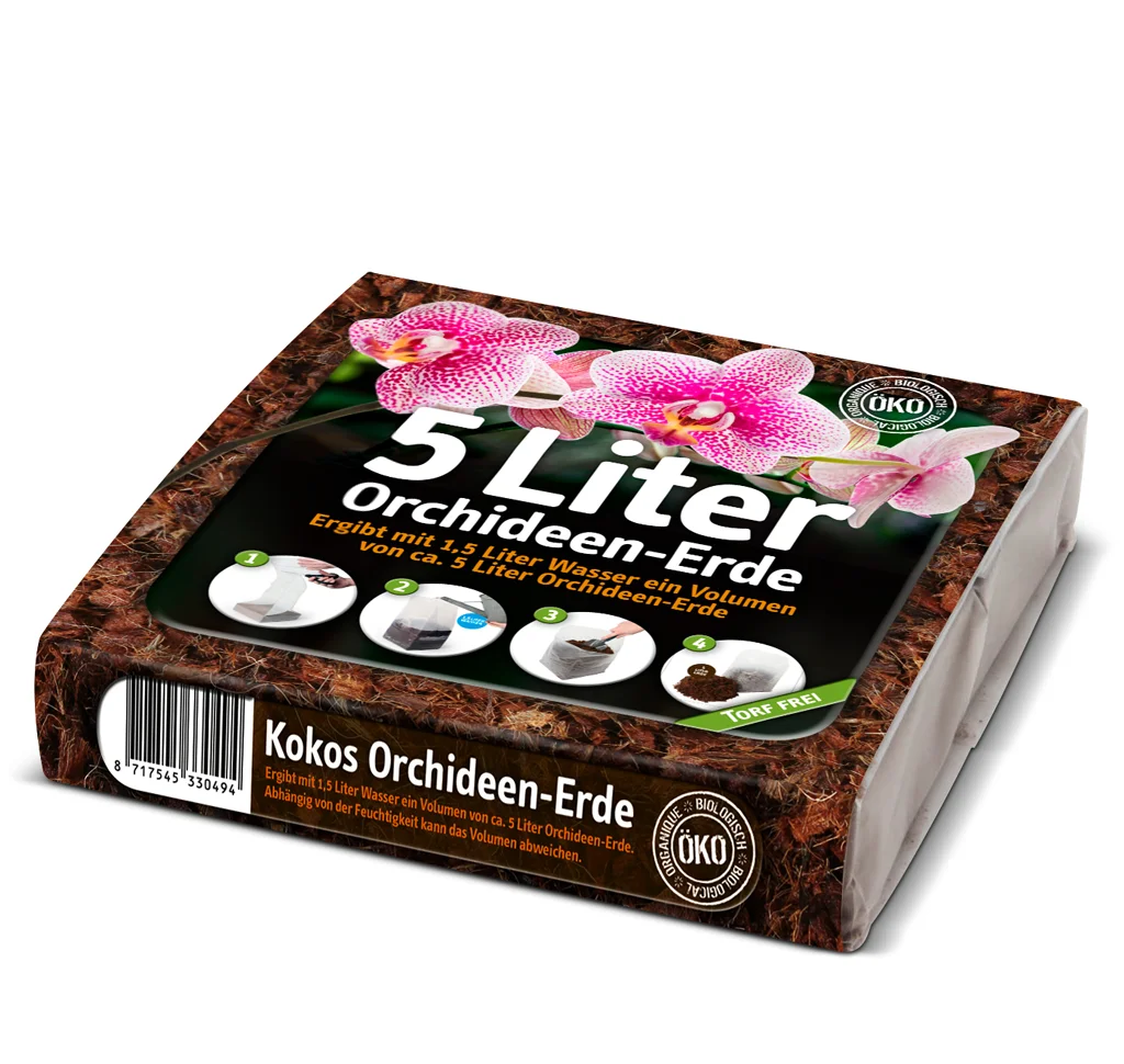 Kokos Orhideen-Erde orhideemuld briketina ja valmis seguna potis