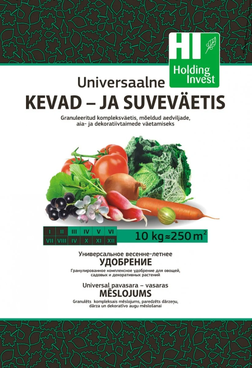 Universaalne kevad- ja suveväetis 10 kg pakendis, sobib aedviljadele, ilutaimedele ja murule.