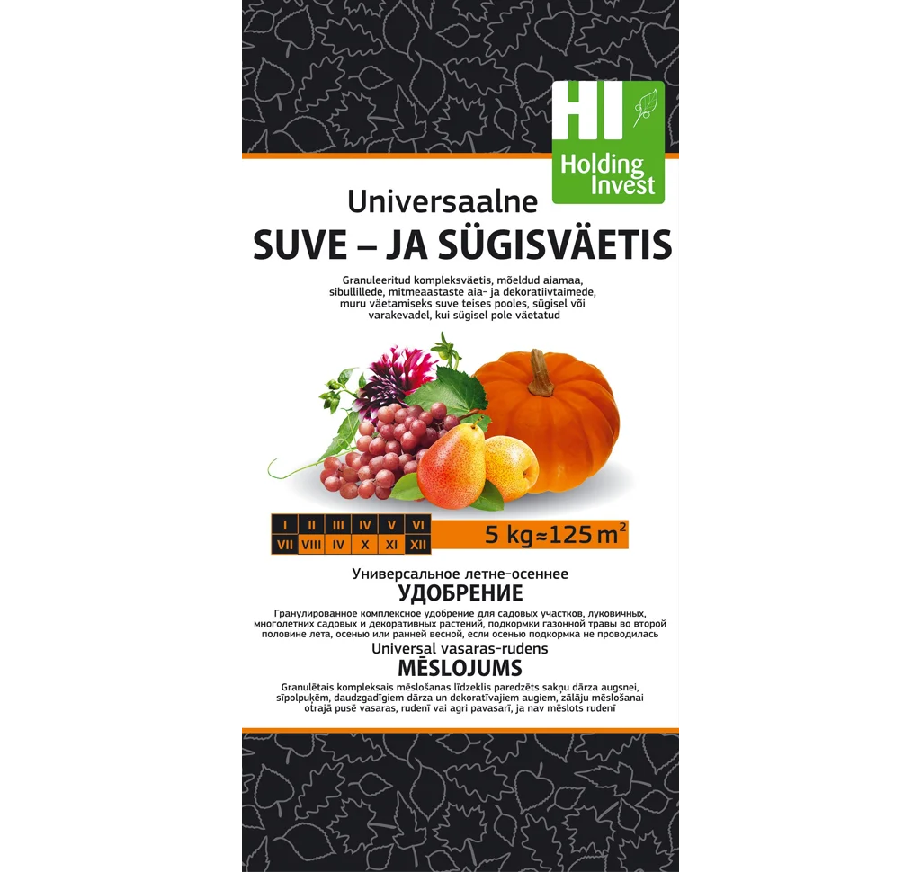 Universaalne sügisväetis 5 kg pakendis, NPK mineraalväetis aia ja muru talveks ettevalmistamiseks.